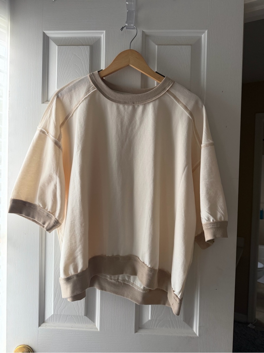 J.O.A. Cream Short-Sleeve Tee with Tan Ribbed Neck